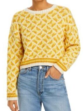 Mother Yellow and Cream Cotton and Viscose Crewneck Sweater